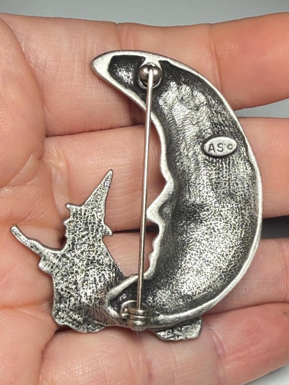 Witch on Crescent Moon Brooch Signed AS Vintage - Picture 6 of 8